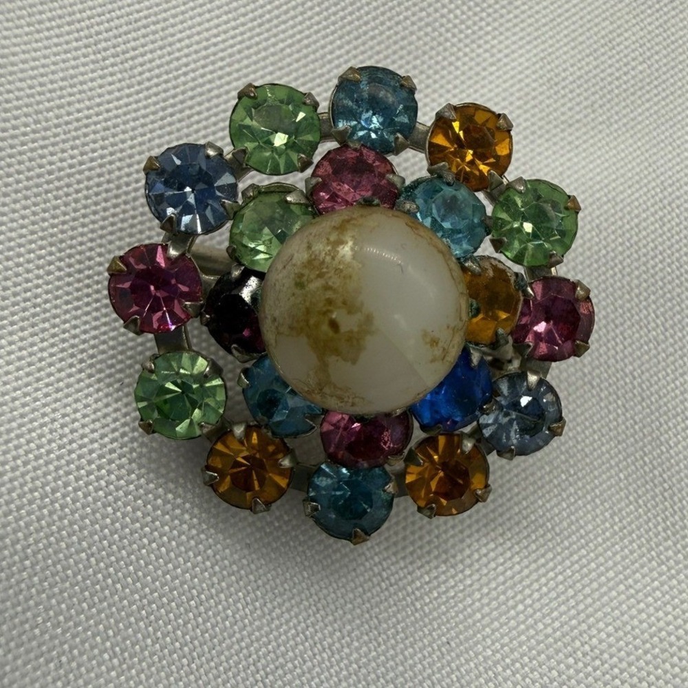 Vintage Multi Color Rhinestone Faux Pearl Cluster Brooch Silver Tone Round Pin